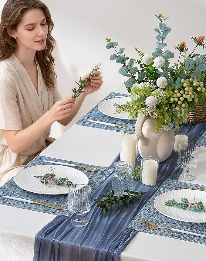 Leetaltree Deep Navy Woven Placemats Set of 8 - Heat Resistant Non-Slip Place mats for Dining Table, Washable Durable PVC Vinyl Woven Table Mats(Deep Navy, 8)