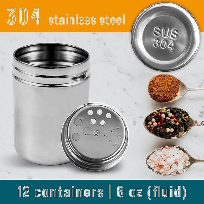 CUSINIUM 12-pack 6oz Metal Seasoning Containers Set with Adjustable Lid -192 Labels + Marker - Spice Jars Organizers Bundle