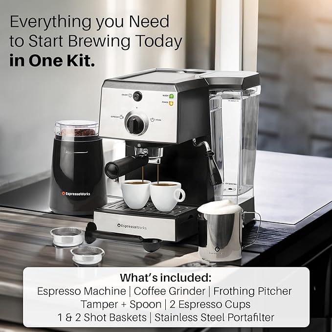EspressoWorks All-In-One Espresso Machine with Milk Frother 7-Piece Set - Latte Maker Includes Grinder, Frothing Pitcher, Cups, Spoon and Tamper - Coffee Gifts (Stainless Steel)