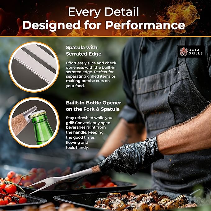 3-Piece BBQ Utensil Set – Premium Stainless Steel Grill Tools with Extra Wide Spatula - Pakka Wood Handles & Leather Hanging Loops (Spatula, Tongs & Fork)