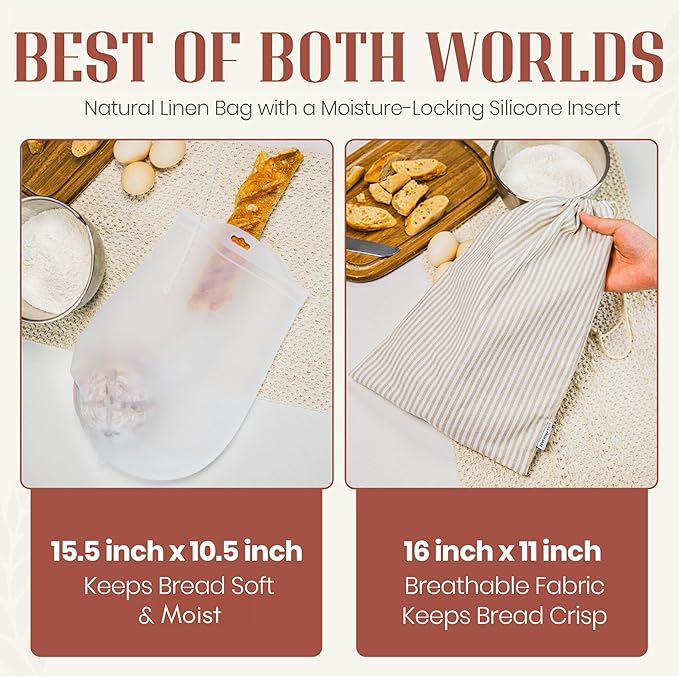 Bread Bags for Homemade Bread, Sourdough & Gluten Free Bread with Multifunctional Reusable Silicone Inserts. Silicone Kneading Dough Bag, Pizza Dough, Tortilla & Pasta Storage Bags - (16x11inch)