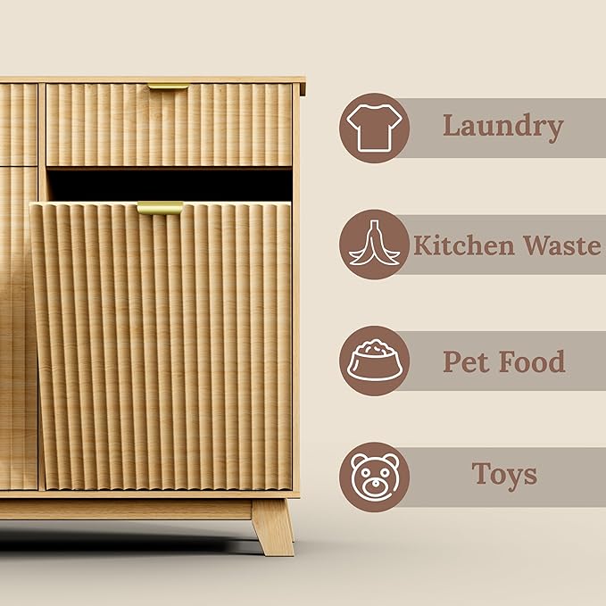 Double Tilt Out Laundry Hamper Cabinet, 20 Gallon Wooden Trash Can Cabinet with Drawers, Hidden Fluted Bathroom Storage Cabinet for Kitchen, Living Room (Natural Wood, 39.34"W x 35.83"H x 13"D)