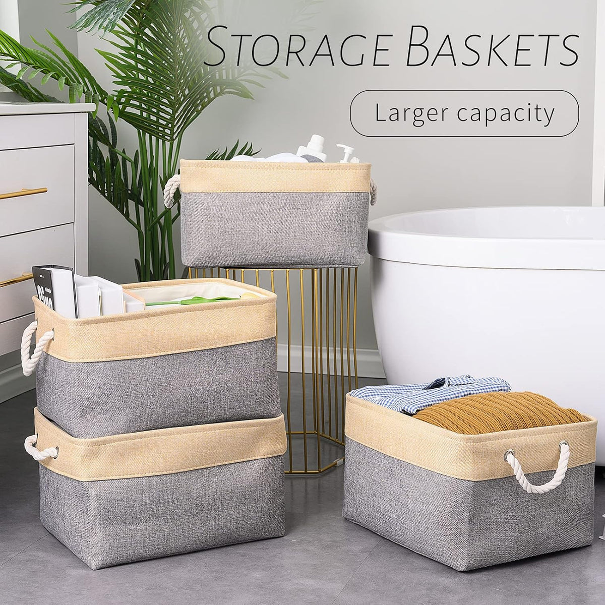 TcaFmac Cube Storage Bin, Storage Baskets for Organizing [4 Pack] Closet Organizers and Storage with Handles(Gold&Grey,15.7" L×11.8" W×8.2" H)