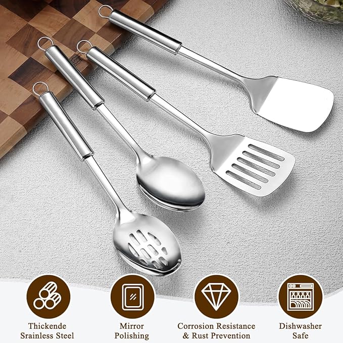 Homquen Kitchen Utensils Set 4pcs, Stainless Steel Cooking Utensils Set, Kitchen Tools Spatulas Set, Cooking Spoons, Home Essentials Kitchen Gadgets Accessories