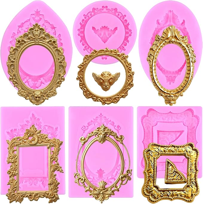 Mujiang Photo Frame Fondant Mold Picture Frames Silicone Molds Baroque Frames Mold Vintage Frame Chocolate Molds For Cake Decorating Cupcake Topper Candy Polymer Clay Gum Paste Set Of 6