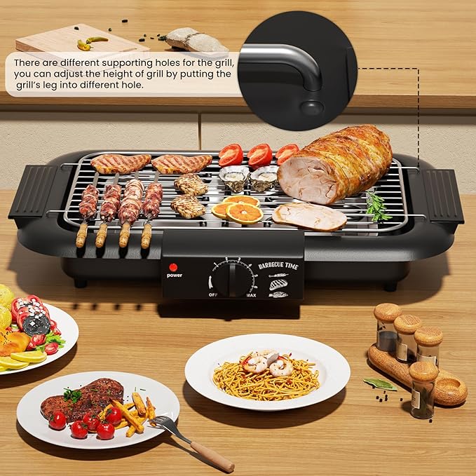 Electric BBQ Grill, Smokeless Non-Stick Indoor/Outdoor Barbecue Grill, 2000W Double tube High Power Portable Removable Stand Grill for BBQ Party (Elegant Black)