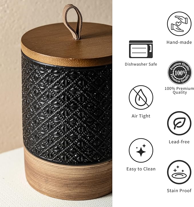 Miamolo Large Jar with Lid, Ceramic Coffee Container with Airtight Lids, Food Storage Containers, Kitchen Canisters for Countertop Coffee Bar Accessories Weeding Gift - Black & 64 fl.oz
