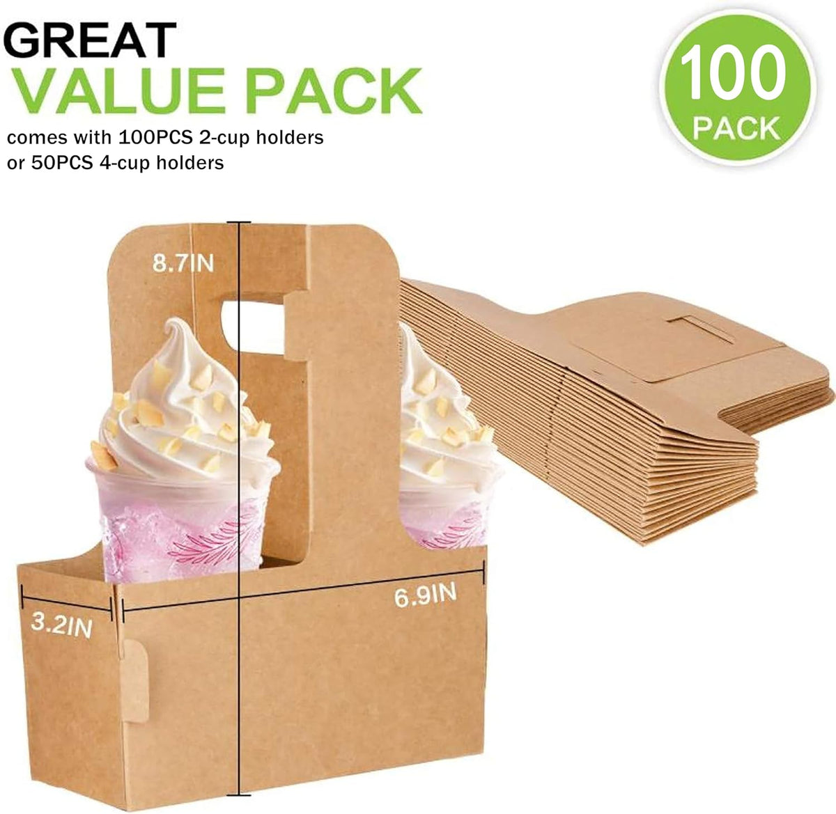 100 Pack Kraft Drink Carrier with Handles - 2 Cups or 4 Cups Assemblable Disposable Paperboard Drink Holders Great for All Your Drink and Food Delivery(2 Cup-100 Pack)