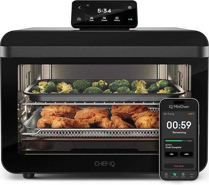 CHEF iQ MiniOven Smart Toaster Oven Air Fryer Combo, 11-in-1 Countertop Convection Oven, Bake, Broil, Air Fry, Broil, Dehydrate, 1750W, 25 Qt Capacity, Fast Cooking with Touchscreen Controls – Black
