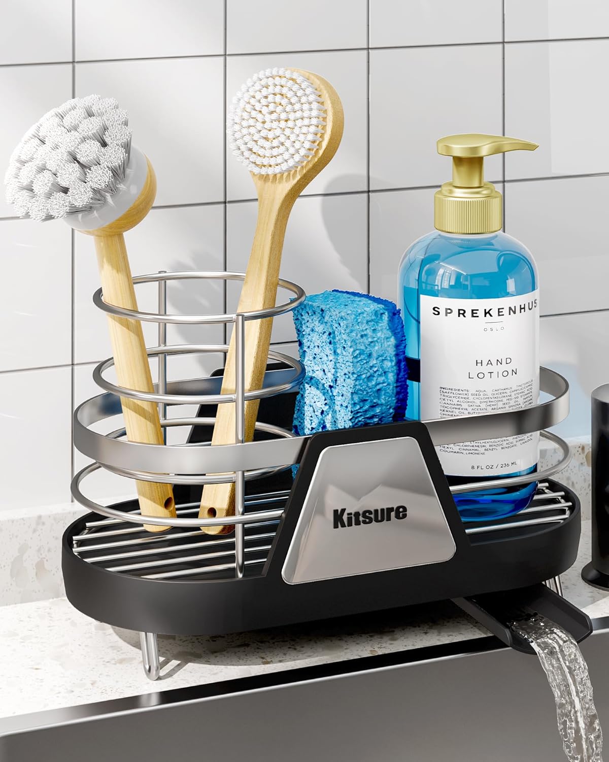 Kitsure Sponge Holder for Kitchen Sink - Space-Saving Kitchen Sink Caddy, Rustproof Metal Sink Organizer with Removable Brush Holder, 7.6"×3.9"×5.3", Black