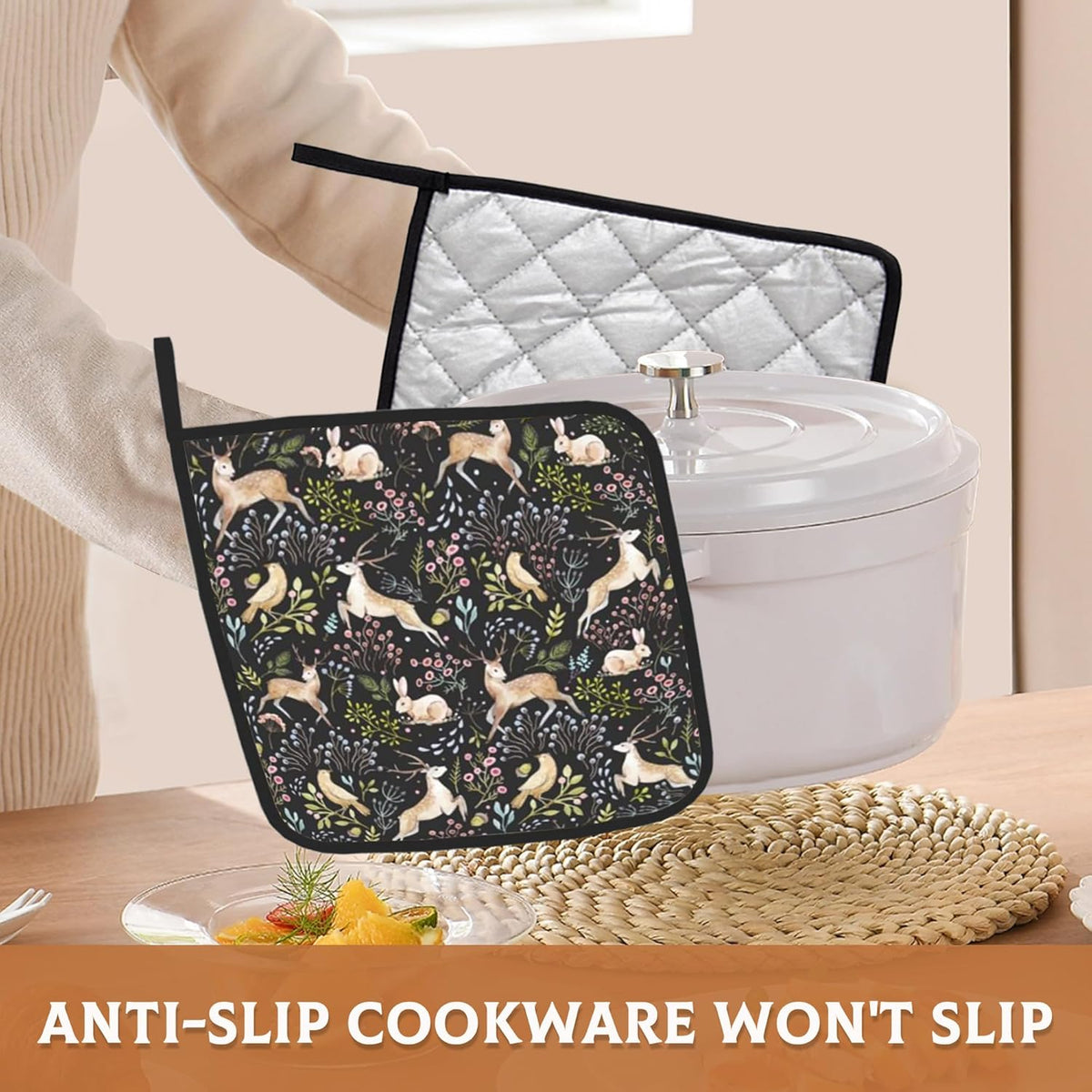 2PCS Forest Deer Pot Holder with Loop,Heat Resistant Oven Pads,Hot Pat for Kitchen Cooking Baking Food