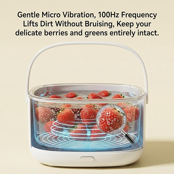 Ultrasonic Produce and Berry Washer, Gentle Fruit Vegetable Cleaner for Fragile Berries and Salads, 2-Tier Drain Basket, Battery Operated Countertop Device