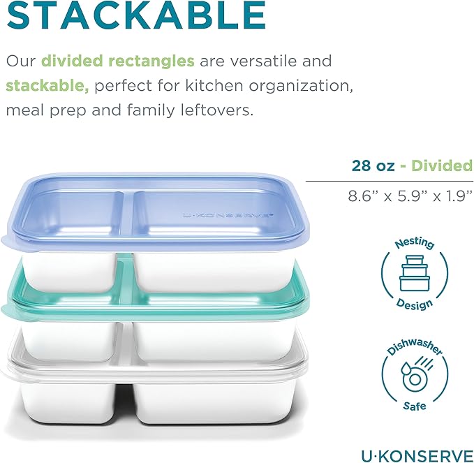 U Konserve Stainless Steel Rectangle Divided Food Storage Bento Box Container, Leak Proof Silicone Lid Dishwasher Safe - Plastic Free, (28oz Cosmic Blue)