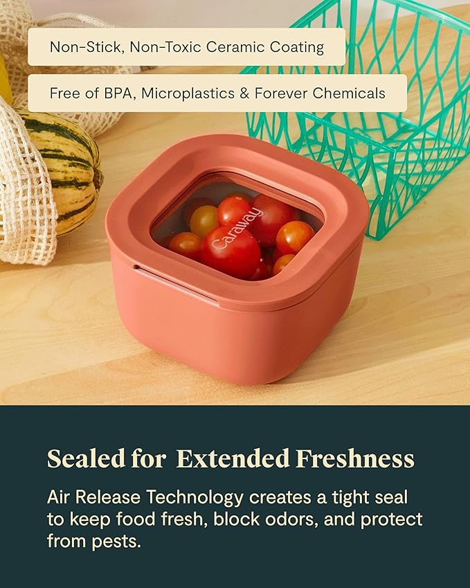 Caraway 2pc Glass Food Storage Set - 1.75 Cup Food Containers (2) - Non-Toxic Ceramic-Coated Glass - Air Release Technology - Compact & Stackable Design - Mist