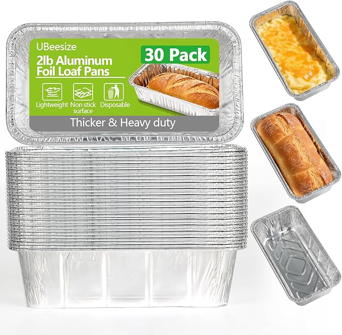 UBeesize 2Lb Thicker & Heavy Duty Disposable Aluminum Loaf Pans, 30 Pack Ultra Sturdy 8.5 x 4.5 Foil Bread Pans for Baking Banana Bread, Cakes, Meatloaf & Food Storage