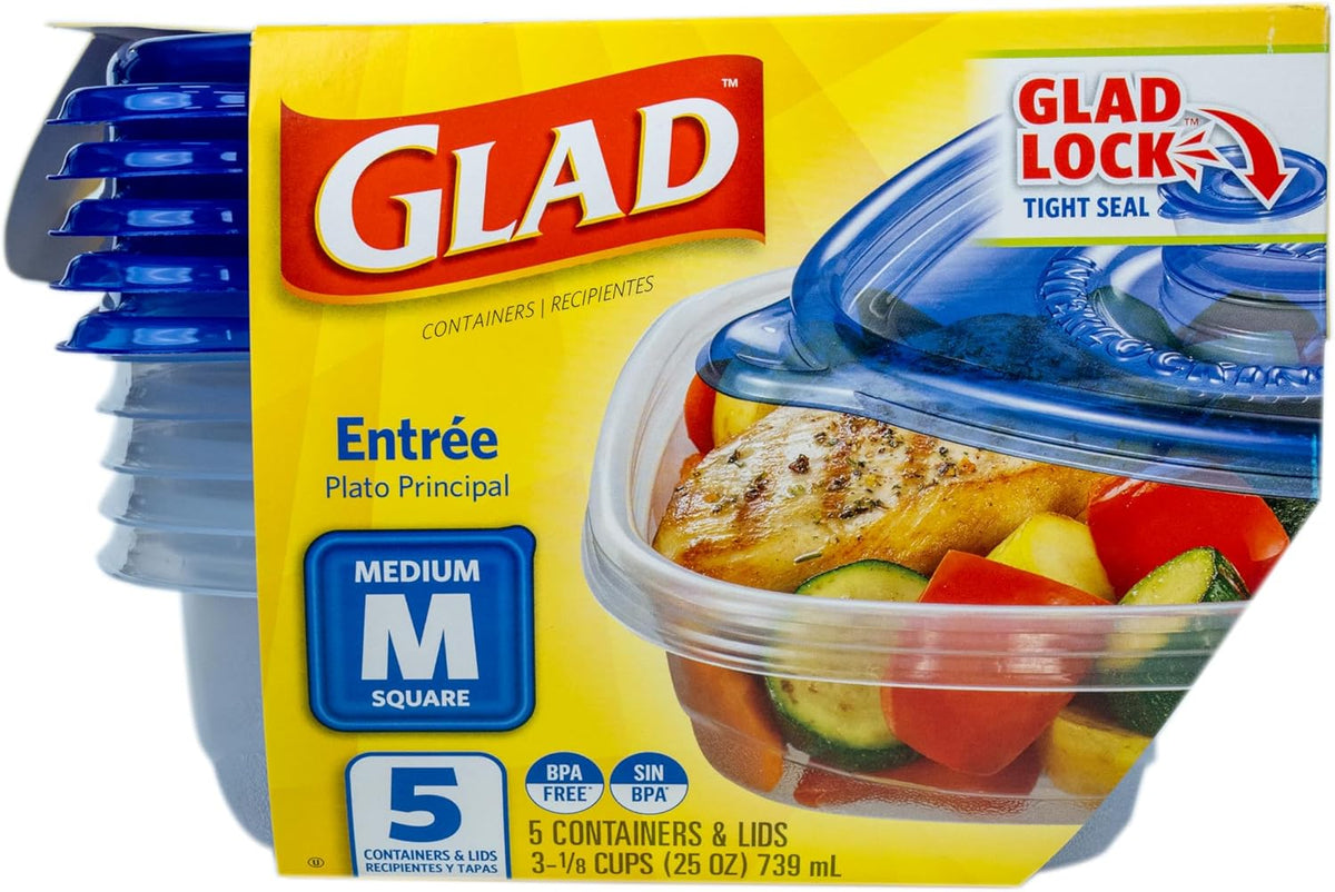 Glad GladWare Entrée Food Storage Containers, Medium Square - Meal Container Holds up to 25 Ounces of Food - Lock Tight Seal, 5 Count - 6 Pack
