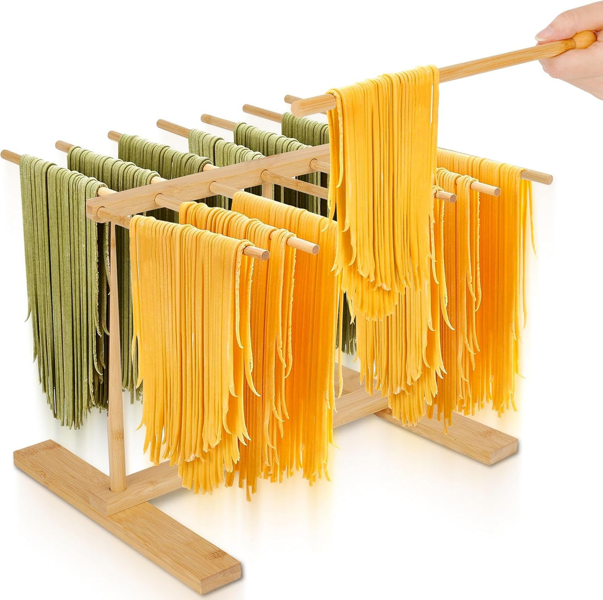CycForge Bamboo Pasta Drying Rack with 14 Rods & Transfer Wand - Large Capacity Collapsible Stand for Fresh Homemade Spaghetti, Foldable Space Saving Storage