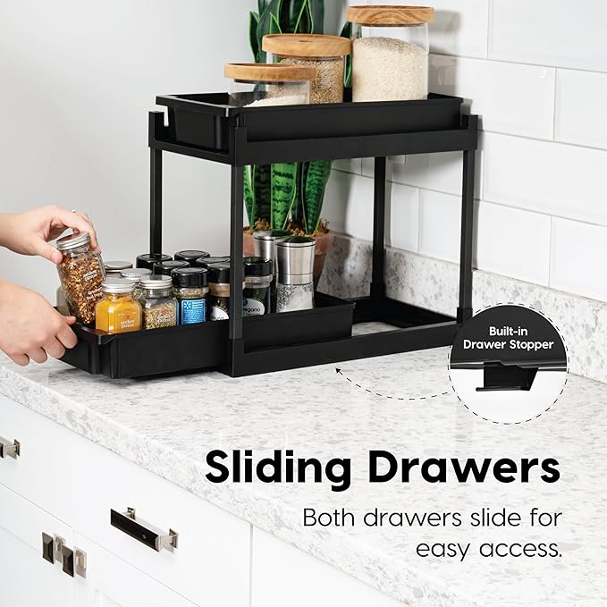 IRIS USA Under Sink Organizer, 4 Pack, Bathroom Organizers and Storage, Pull Out Under Cabinet Kitchen Shelf Pantry Under Counter, Cleaning Supplies, Vertical Spice Rack Slide Out Drawer, Easy Install