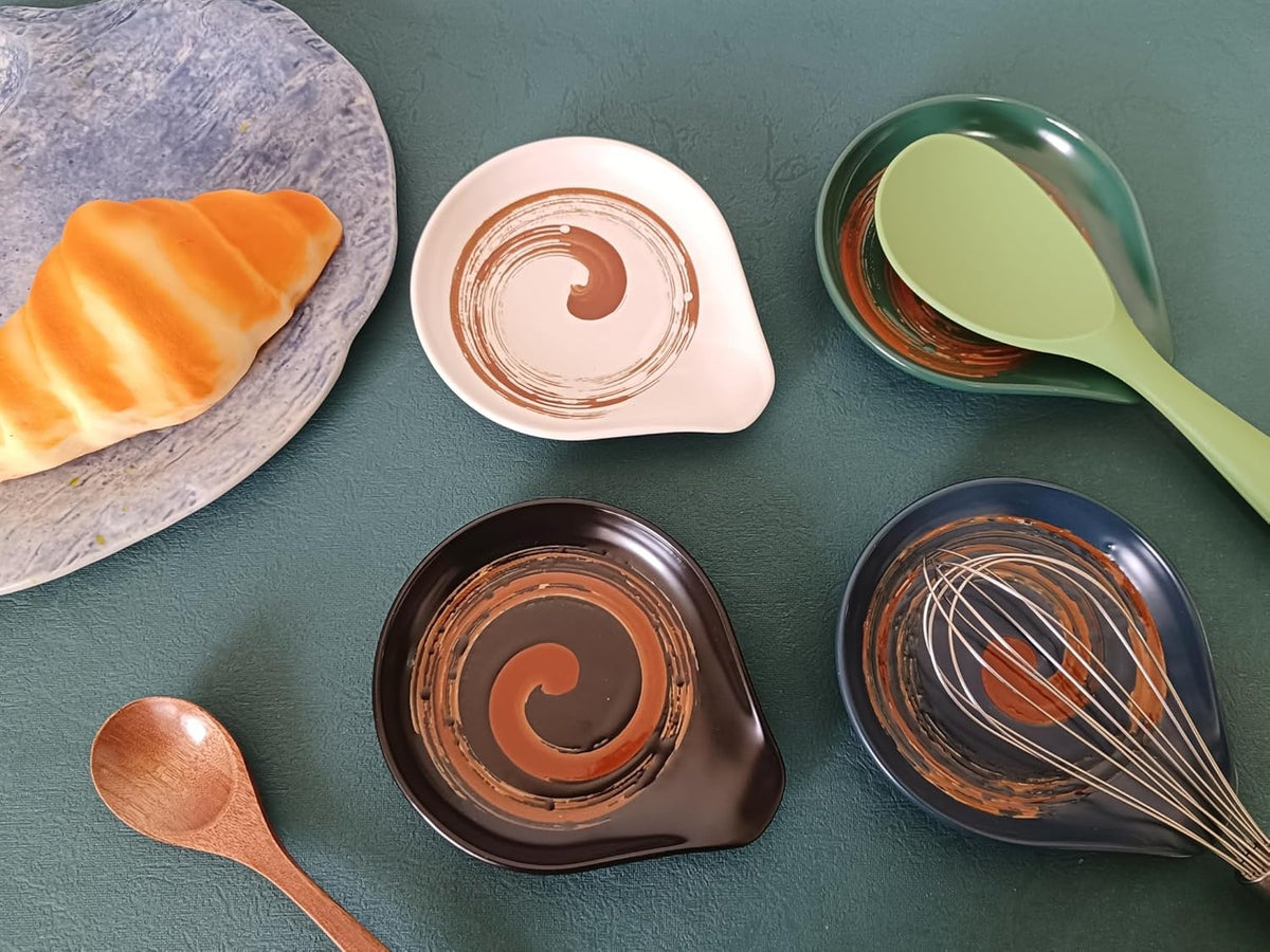 Ceramic Spoon Rest for Stove Top, Hand Painted Brown Swirl Spoon Rest for Kitchen Counter, Retro Cooking Spoon Holder for Kitchen Counter, Utensil Rest for Spatula Ladle or Tong (Matte Black)