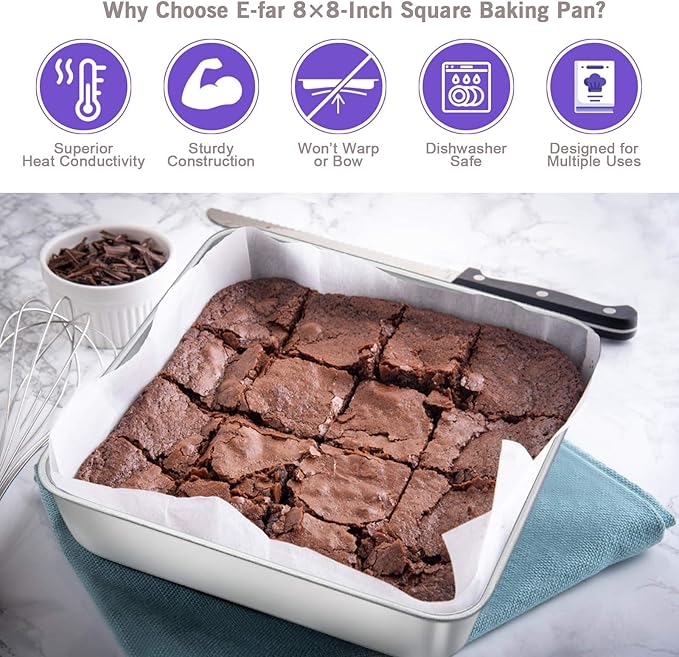 8 x 8-Inch Baking Pan, E-far Square Cake Brownie Baking Pans Stainless Steel Bakeware Set of 3, Fits in Small Toaster Oven, Non-toxic & Dishwasher Safe