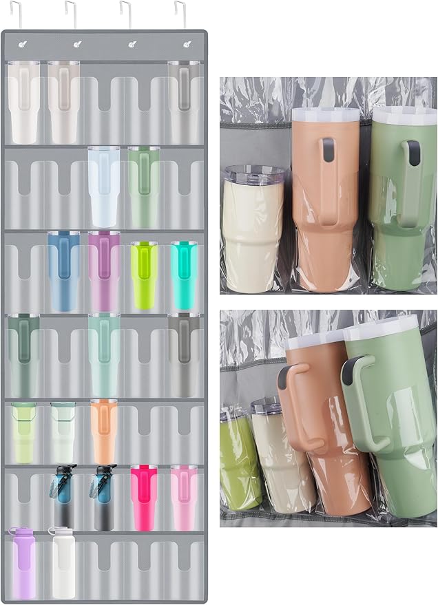 NiHome 35 Pockets Door Hanging Organizer for Large Stanley 30oz 40oz Tumblers with Handles, Deep Clear Pockets with Handle Slots, Waterproof Oxford Fabric for Kitchen, Cabinet, Pantry, Closet (Gray)