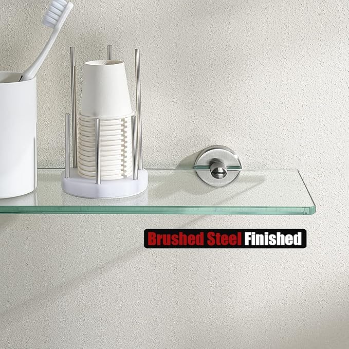 JQK Bathroom Glass Shelf, Tempered Glass Shower Storage 12 by 5 inches, 304 Stainless Steel Brushed Finish Wall Mount, TGS101L12-BN