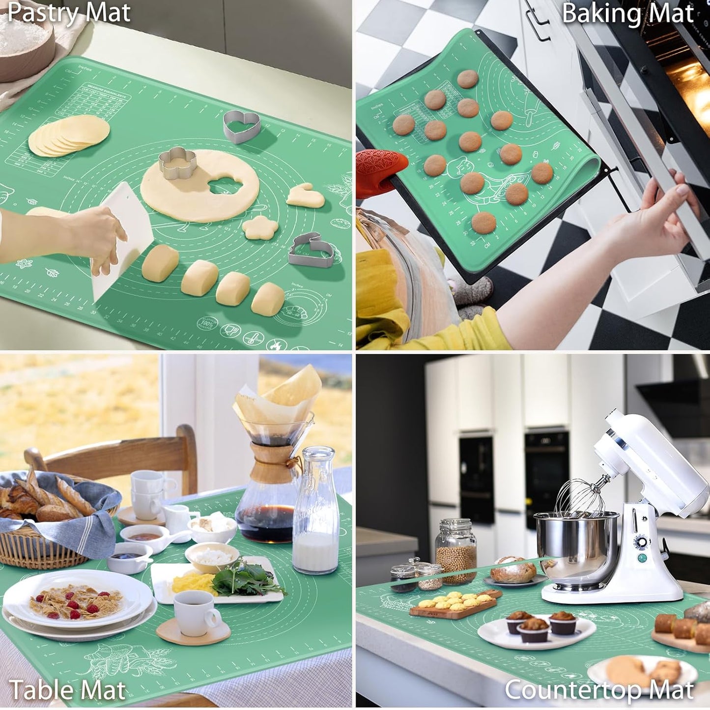 Silicone Pastry Mat 28" x 20" Extra Thick Non Stick Baking Mat with Measurements and Edge Heightening, Food Grade Silicone Rolling Mat for Pastry, Bread, Cookies, Pizza, Fondant, Pasta - Green