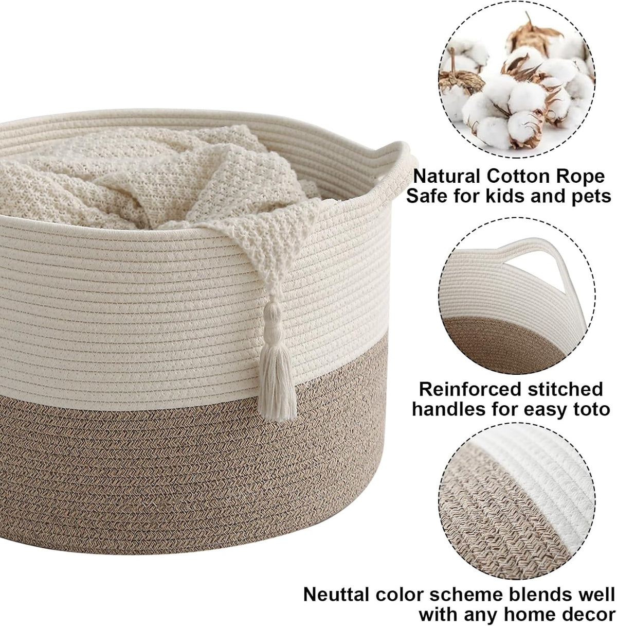 Large Blanket Basket for Organizing,65L Closet Organizers and Storage Bins Box for Shelves Woven Rope Storage Baskets,Living Room,Bedroom,Dorm,Laundry room (White&Brown)