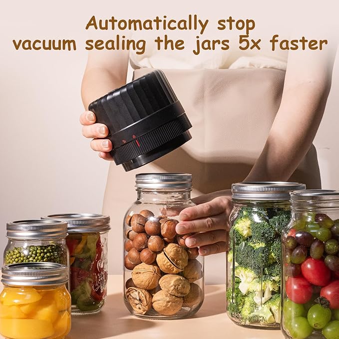 HTPOW Electric Mason Jar Vacuum Sealer - Fully Automatic Mason Jar Vacuum Sealer Kit for All Mason Jars with Regular Lids and Wide Mouth Lids, A Must-Have Tool for Canned Foods/Pantry - Black
