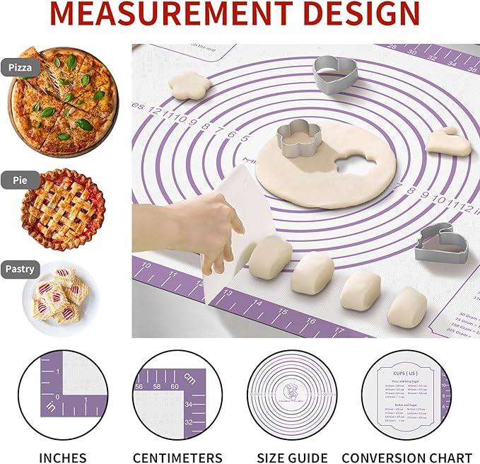 Non Stick Silicone Pastry Mat for Dough Rolling, Extra Large Silicone Baking Mat with Measurements, Baking sheet for Cookies Fondant Pie Crust, Purple 28X20 INCH