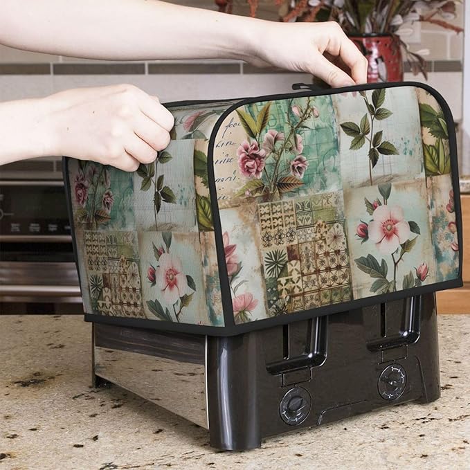 Western Florals Shabby Wood Covers for 4 Slice Toasters,Cute Country Bread Machine Cover with Handle,Washable Stain Resistant Kitchen Small Appliance Cover Dining Decor