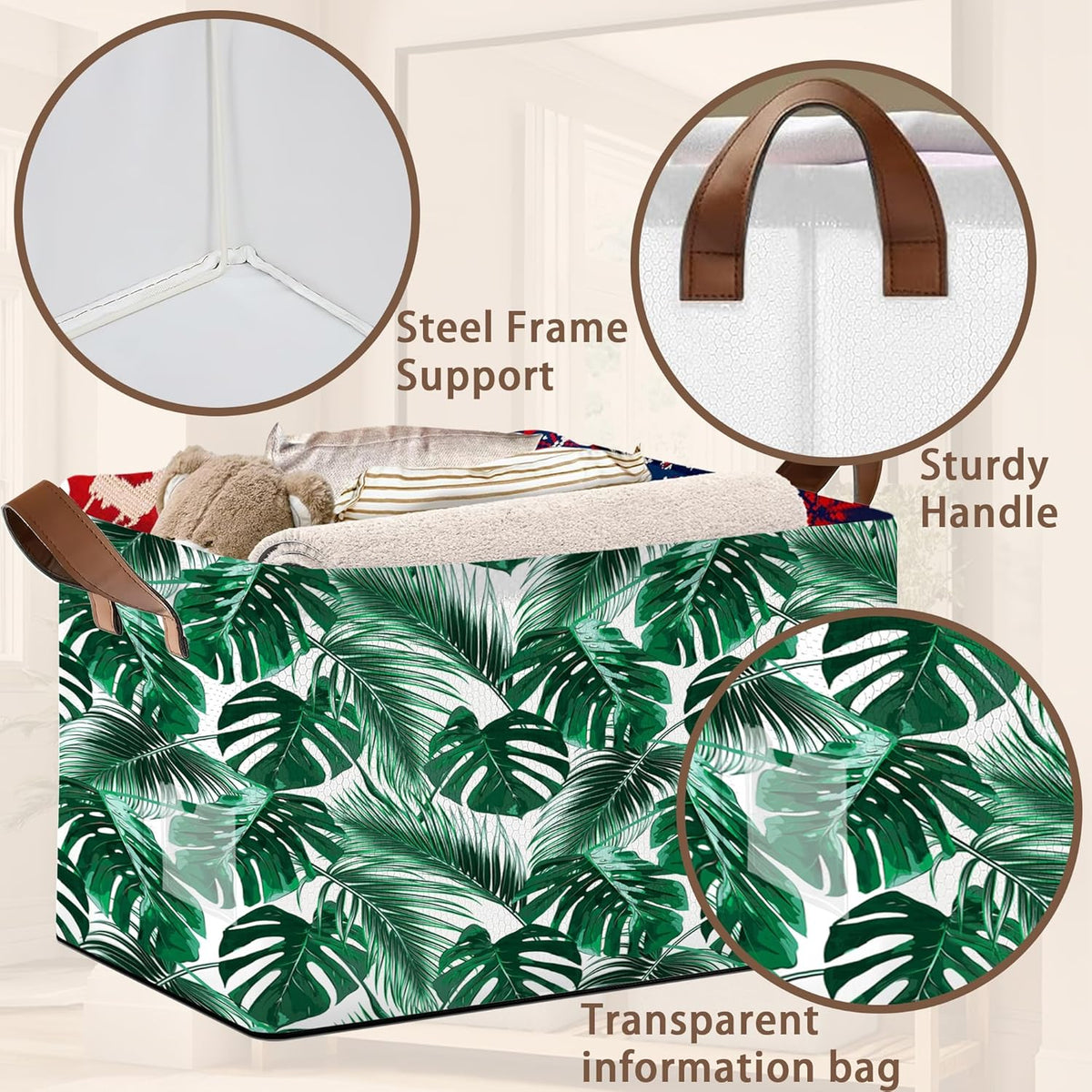 Foldable Collapsible Storage Bin with Palm & Banana Leaf Design-17x11.5x10.5 Inch Organizer Basket for Home, Nursery, Closet-Single Pack, No Lid Space-Saving Storage Box
