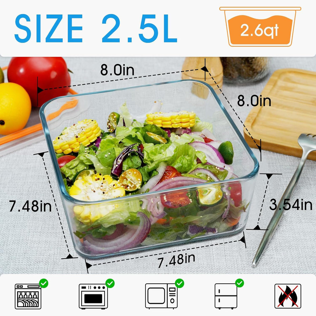 NUTRIUPS 2.6QT Square Glass Baking Dish with Lid, 8×8 inches Deep Square Baking Dish with Lid, Glass Baking Dishes for Oven