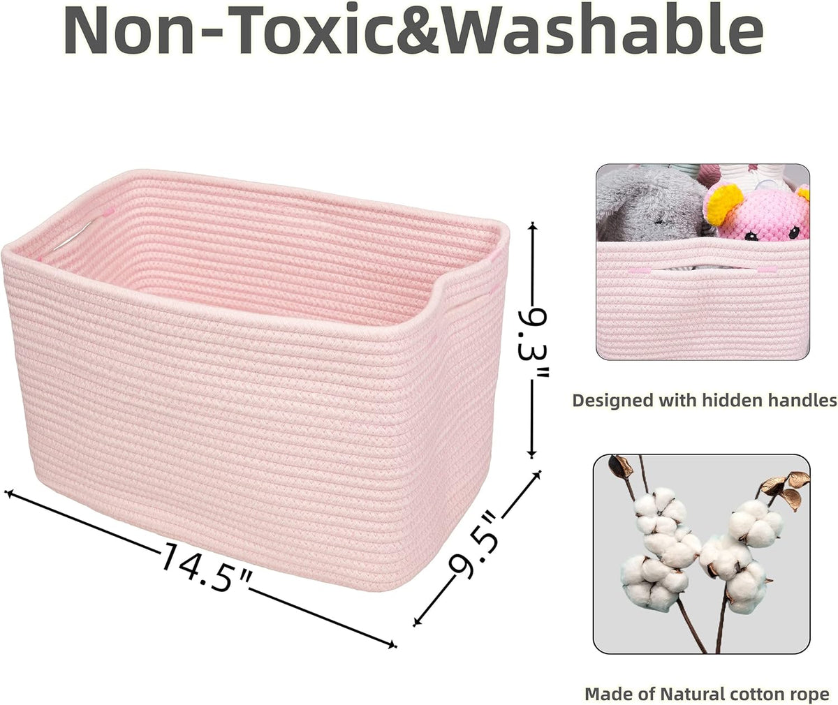 Cotton Rope storage Basket Bins Woven Basket for Organizing Shelves Rectangle Decorative Baskets For storage Clothes Toys Books Towels Square Wicker Nursery basket organizer 3 pack light pink