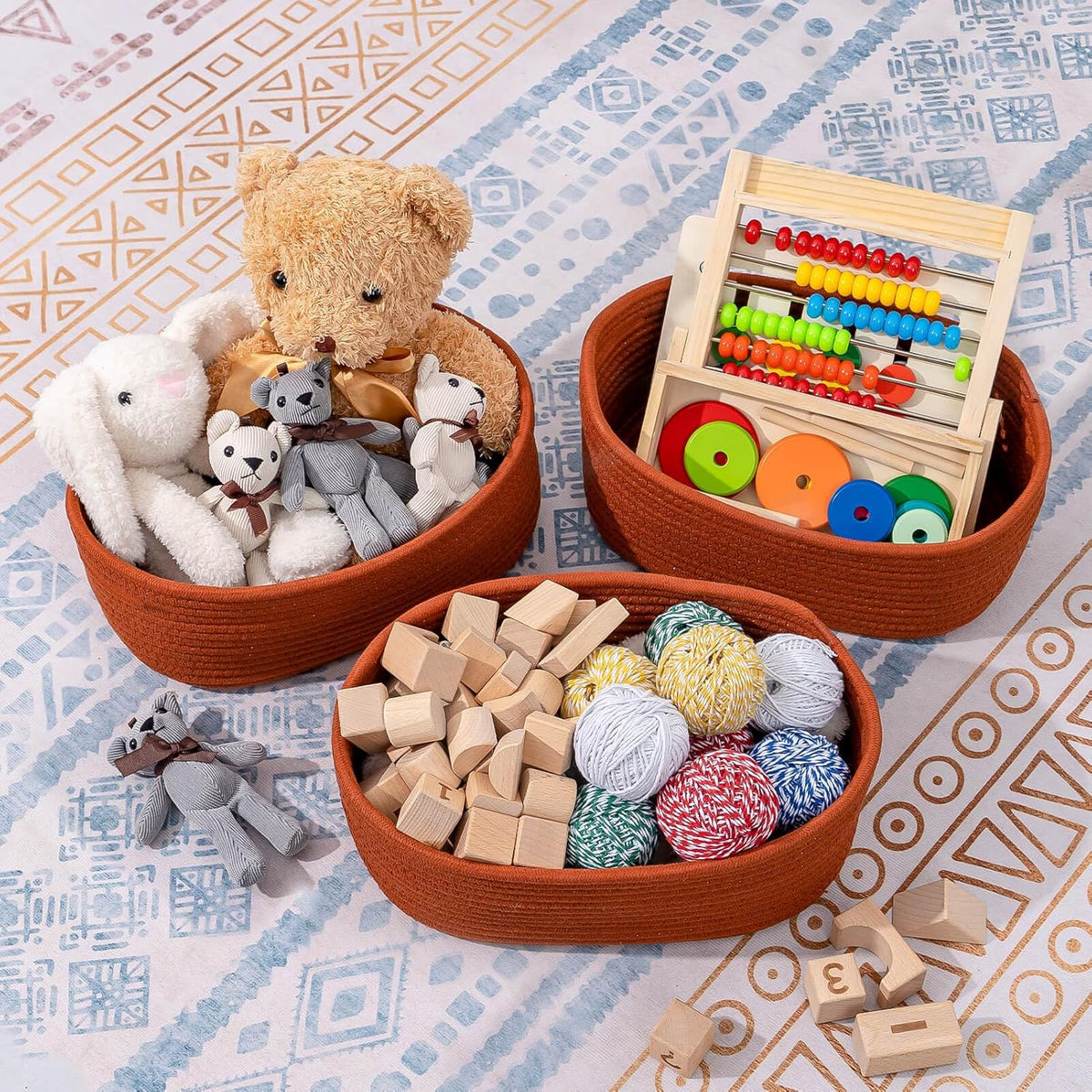 CubesLand Small Baskets, Storage Baskets for Organizing Shelves, 3 Packs Rectangular Woven Storage Baskets Natural Cotton Rope Storage Bins Closet Baby Nursery Baskets Empty Gifts Baskets Brick Red