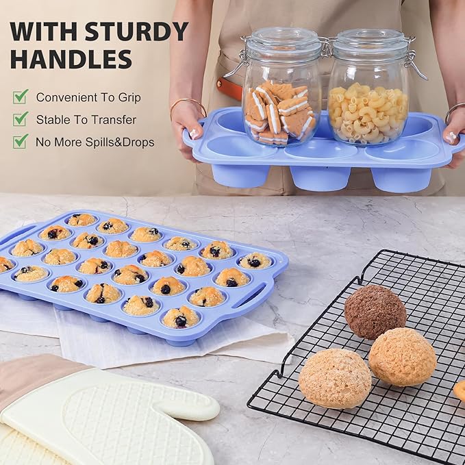 Mini Silicone Muffin Pan with Metal Frame, Non Stick Silicone Cupcake Pan with Handles 24 Cup, BPA Free Silicon Muffin Tin Tray Small for baking, egg bites, Cupcake Mold Blue