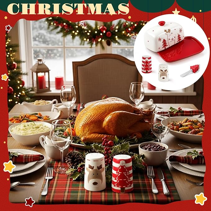 Ziliny 4 Pcs Christmas Dishes Set Include 1 Ceramic Elk Butter Dish with Lid 2 Salt and Pepper Shakers and 1 Christmas Tree Cheese Spreader with Stainless Steel Blade for Winter Festive Dinner Gift