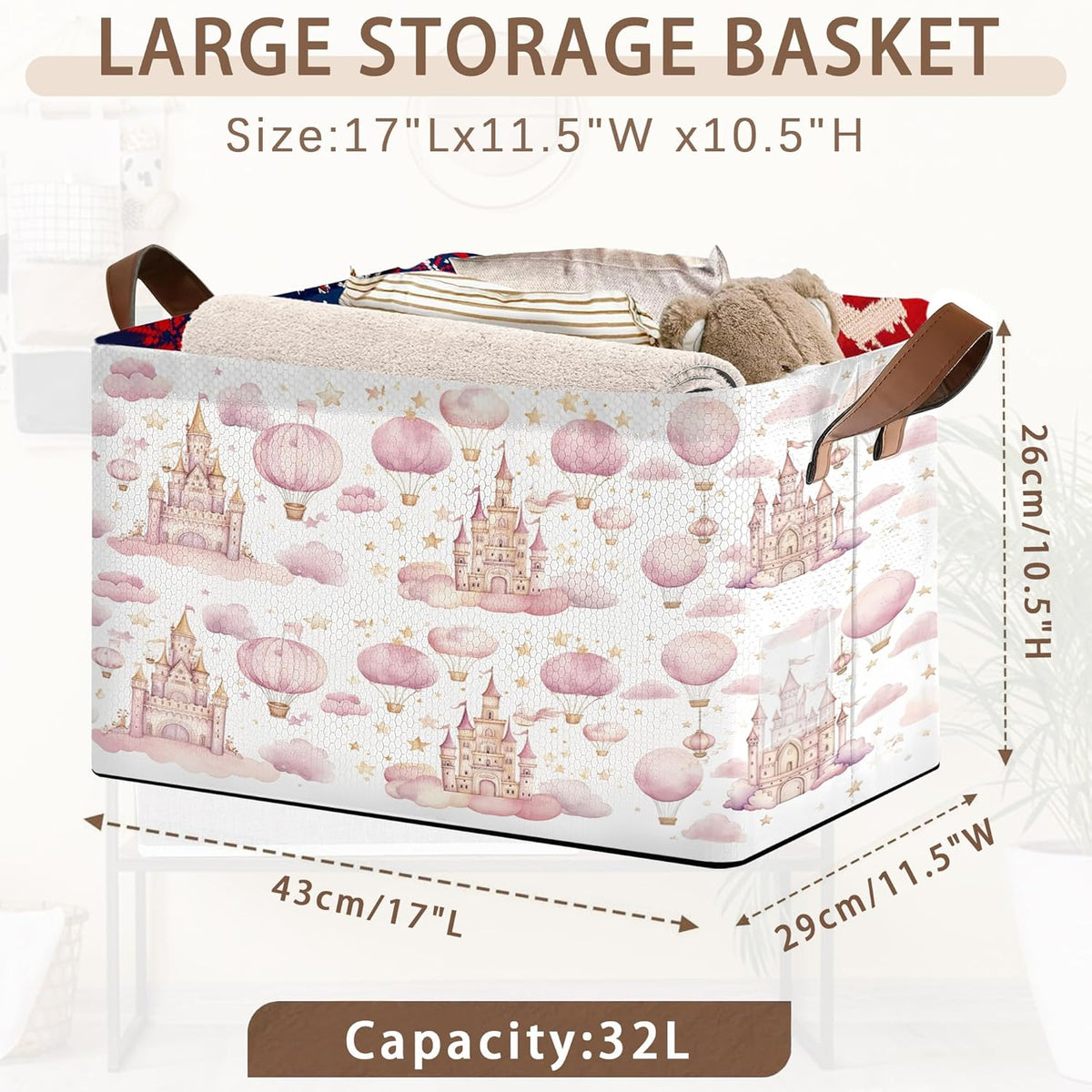 Desert Bloom Storage Basket Large 17x11.5x10.5 Inche-Collapsible Fabric Organizer Bin with Handles for Southwest Decor, Nursery, Boho Style-Decorative Hamper with Succulent & Flower Design-Single Pack