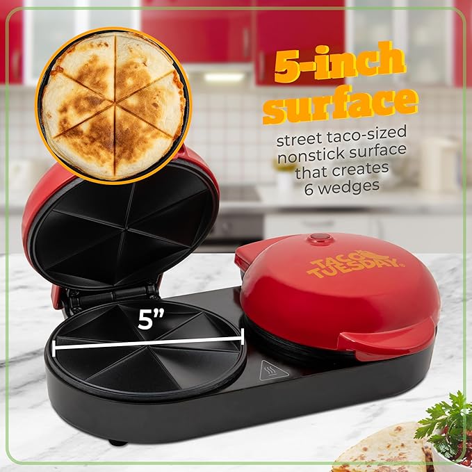 Nostalgia Taco Tuesday Double Street Taco Quesadilla Maker – Two Side-By-Side 5 Inch 6 Wedge Cooking Surface for Beef, Steak, Chicken, Bean, Veggie, and Cheese Street Taco-Sized Quesadillas - Red