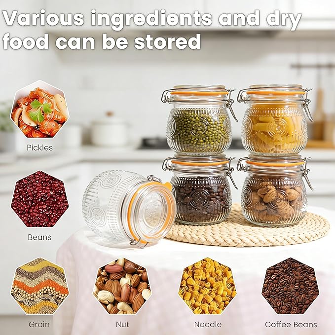 Amzcku Wide Mouth Vintage Mason Jars with Airtight Lid 16oz, Canister Quart Jars for Kitchen Storage - for Coffee, Sugar, Beans 6 Pack