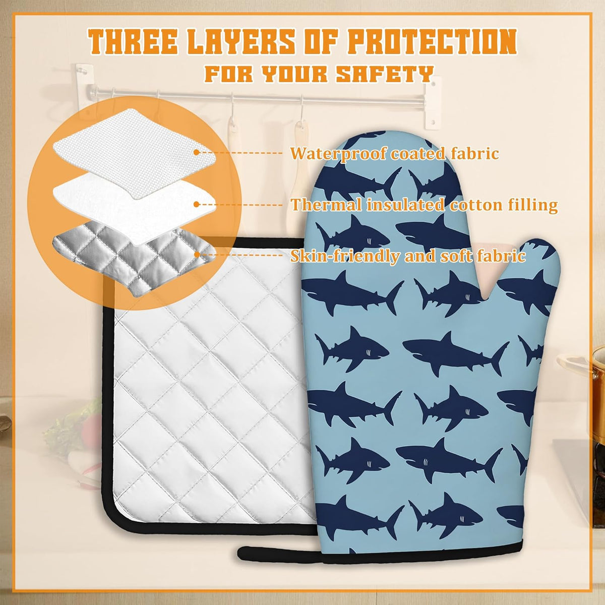 Blue Shark Oven Mitts and Pot Holders,Heat Resistant Oven Mitts Gloves and Pot Holder for Home Kitchen Decorations Cooking Baking BBQ Gifts,Set of 4