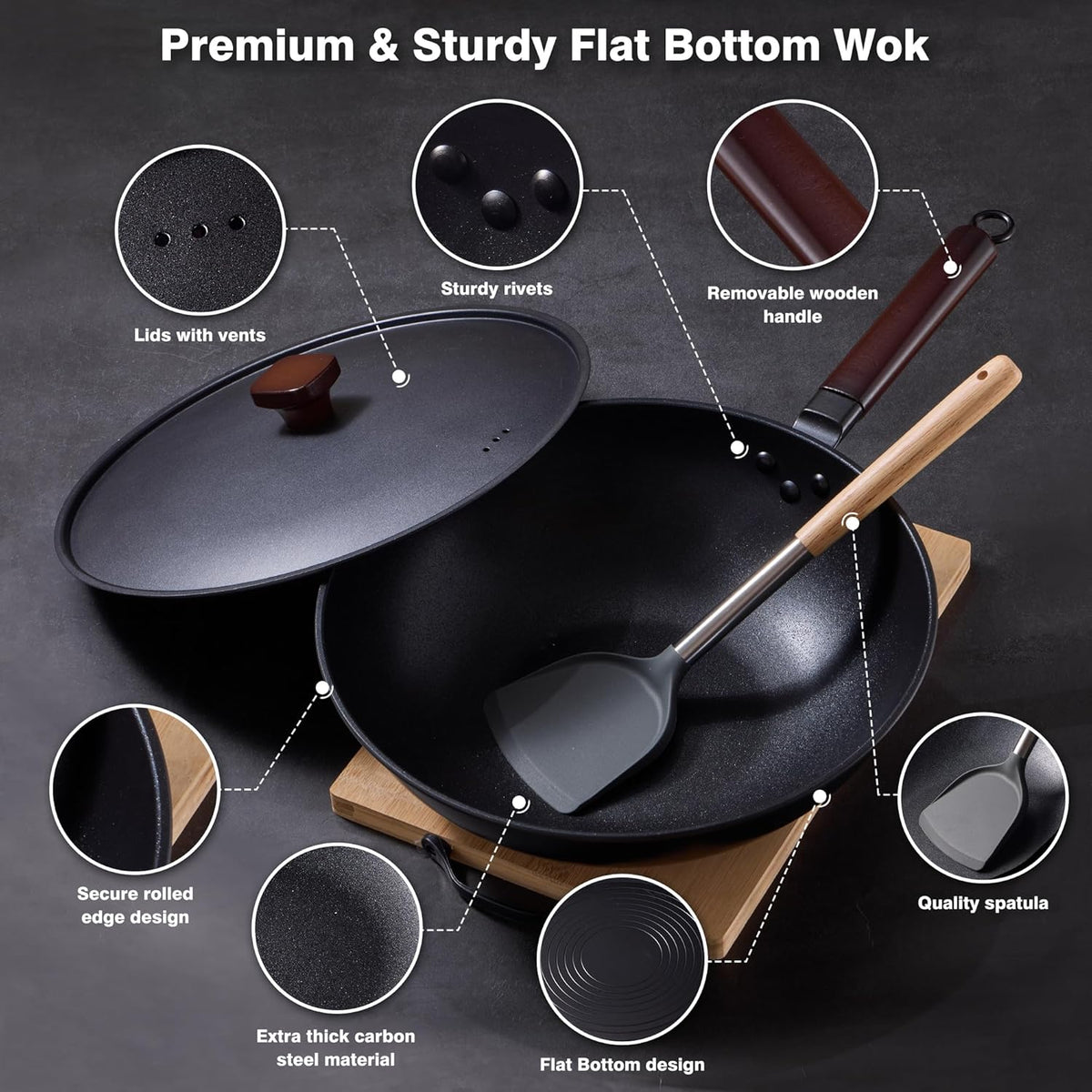Carbon Steel Wok -13 Inch Woks & Stir-fry Pans Nonstick, Wok Pan with Lid Spatula and Dish Brush: Pre-Seasoned Flat Bottom Chinese Woks for Induction, Electric, Gas, All Stoves