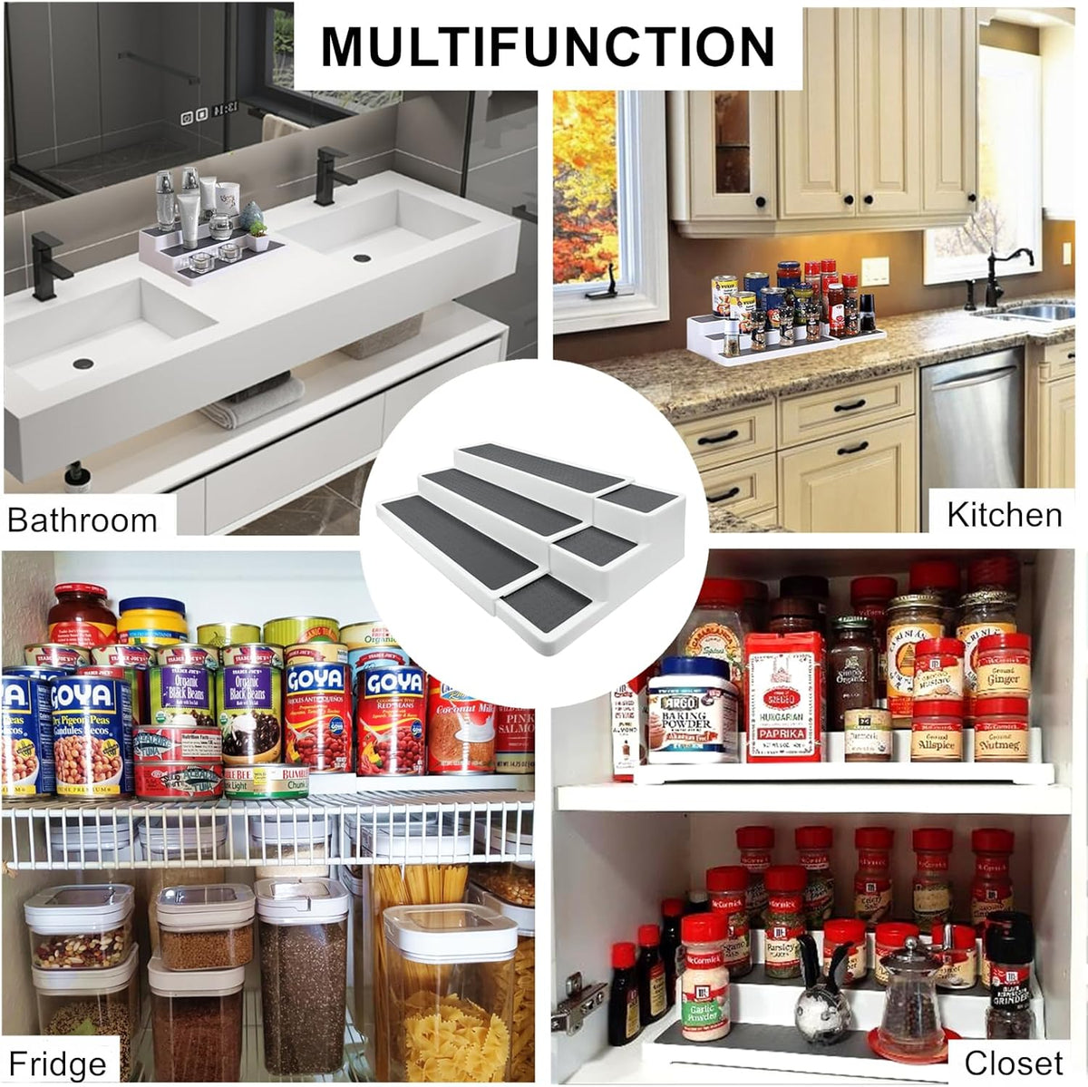 3 Tier Expandable Spice Rack Organizer, Plastic Spice Rack, Adjustable Length 14.6In-25.8In, Non-Skid Tiered Spice Shelf Organizer for Kitchen Cabinet, Cupboard, Pantry, White/Grey
