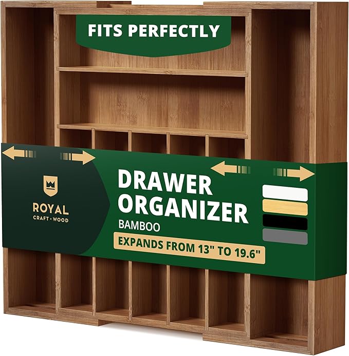 ROYAL CRAFT WOOD Luxury Bamboo Kitchen Drawer Organizer - Silverware Organizer - Utensil Holder and Cutlery Tray with Grooved Drawer Dividers for Flatware and Kitchen Utensils (9 Slot, Brown Bamboo)