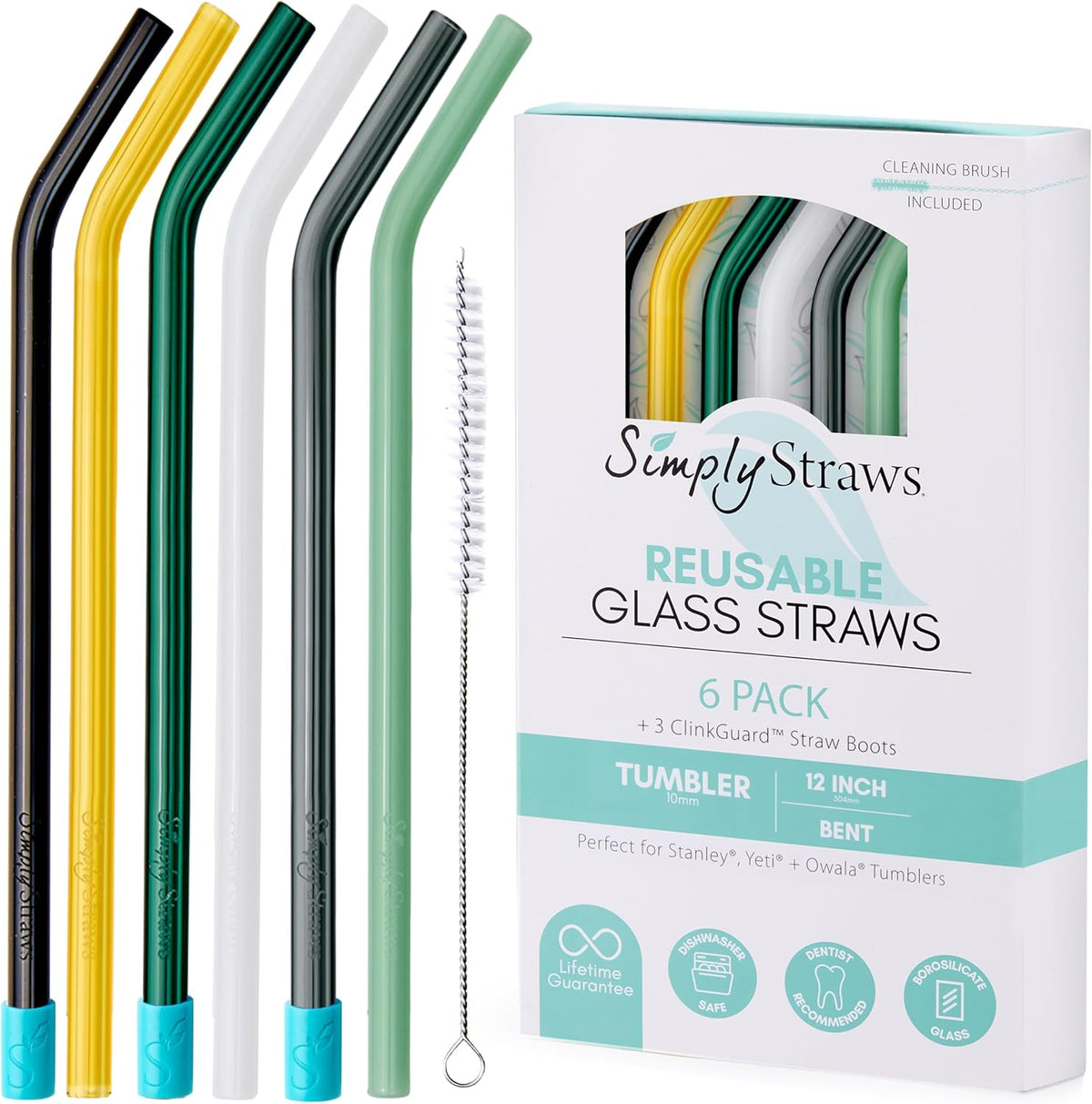 Simply Straws 12 Inch Glass Straws Bent (6-Pack) – Reusable Glass Straws for Stanley 40 Oz Tumbler, with Cleaning Brush – Durable, Dishwasher Safe, Hot & Cold Use, BPA-Free (Fjord Mist)