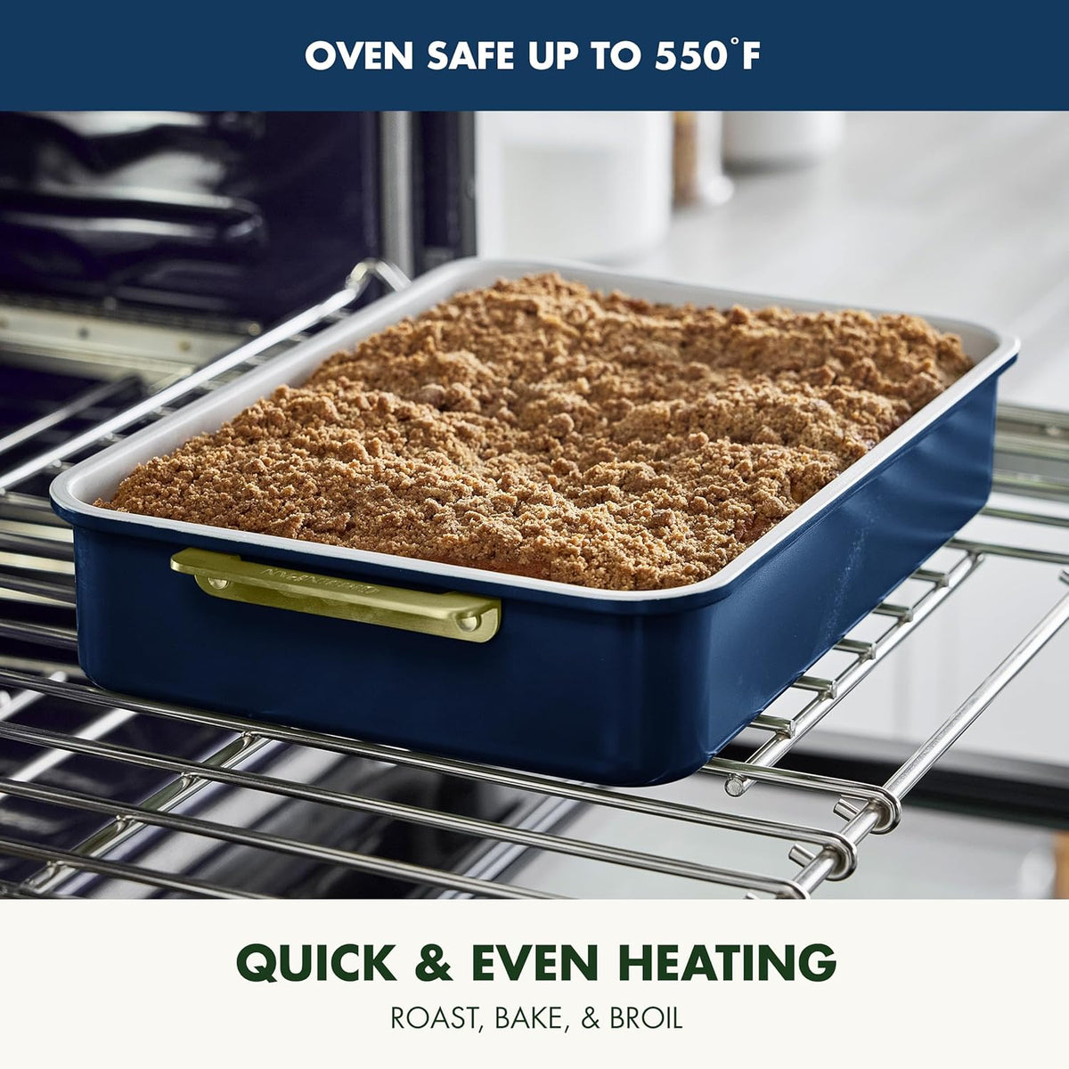 GreenPan Bakeware Rectangular Cake Pan, Ceramic Nonstick Baking Pan, PFAS & BPA Free, Gold Handles, Durable Steel, Freezer to Oven Dish, Scratch Resistant, Bake & Roast Ovenware, Oxford Blue