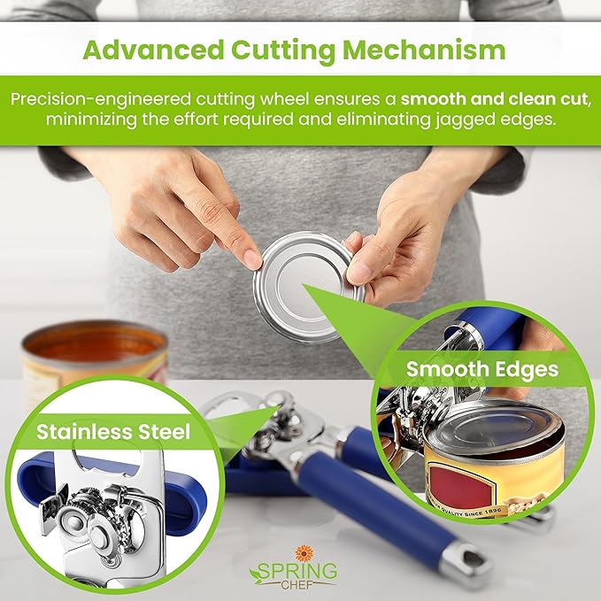 Spring Chef Stainless Steel Can Opener - Manual with Soft Grip Handles, Easy Turn, Heavy Duty Hand Can Openers for Seniors with Smooth Edge - Magnetic Lid Remover - Sapphire