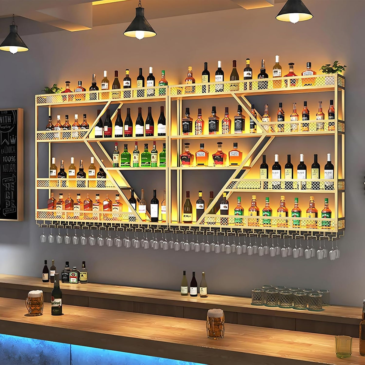 94.48in Metal Wine Rack Wall Mounted, Modern Wine Storage Rack Wall Mounted with Wine Glass Holder, Liquor Shelf, Bar Shelves for Liquor Bottles (4 Tiers Gold, 94.48 * 7.87 * 33.85INCH)