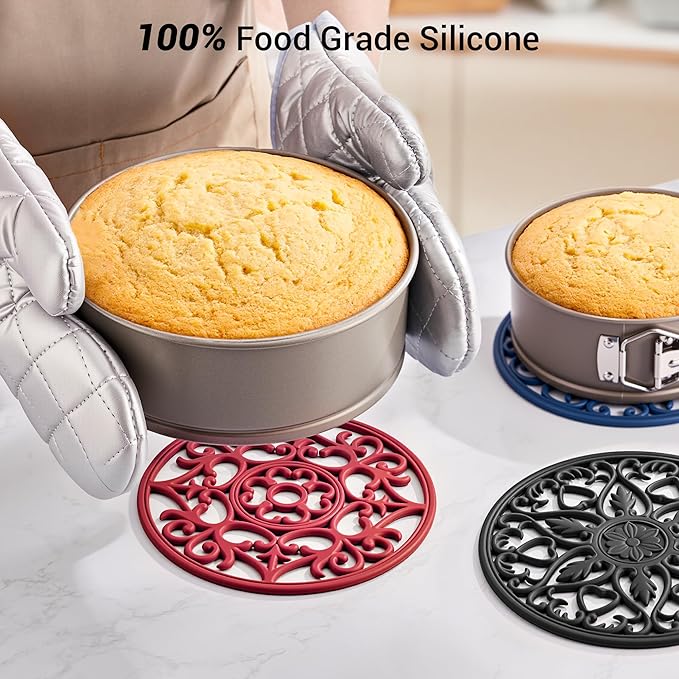 SMARTAKE 6 Set Silicone Trivet Mats, Multi-Use Intricately Carved Coasters, Insulated Non-Slip Durable Kitchen Mats, Flexible Modern Kitchen Table Mat, for Hot Dishes, Pots, Countertop (Black)