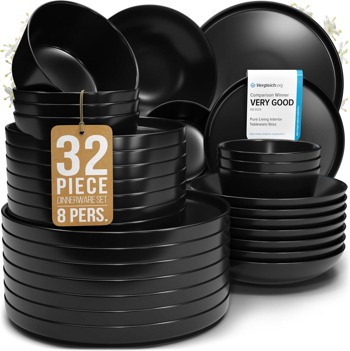 Matte Black Dinnerware Set - 32-Piece Stoneware Set for 8 People - Dishwasher & Microwave Safe - Black Matte